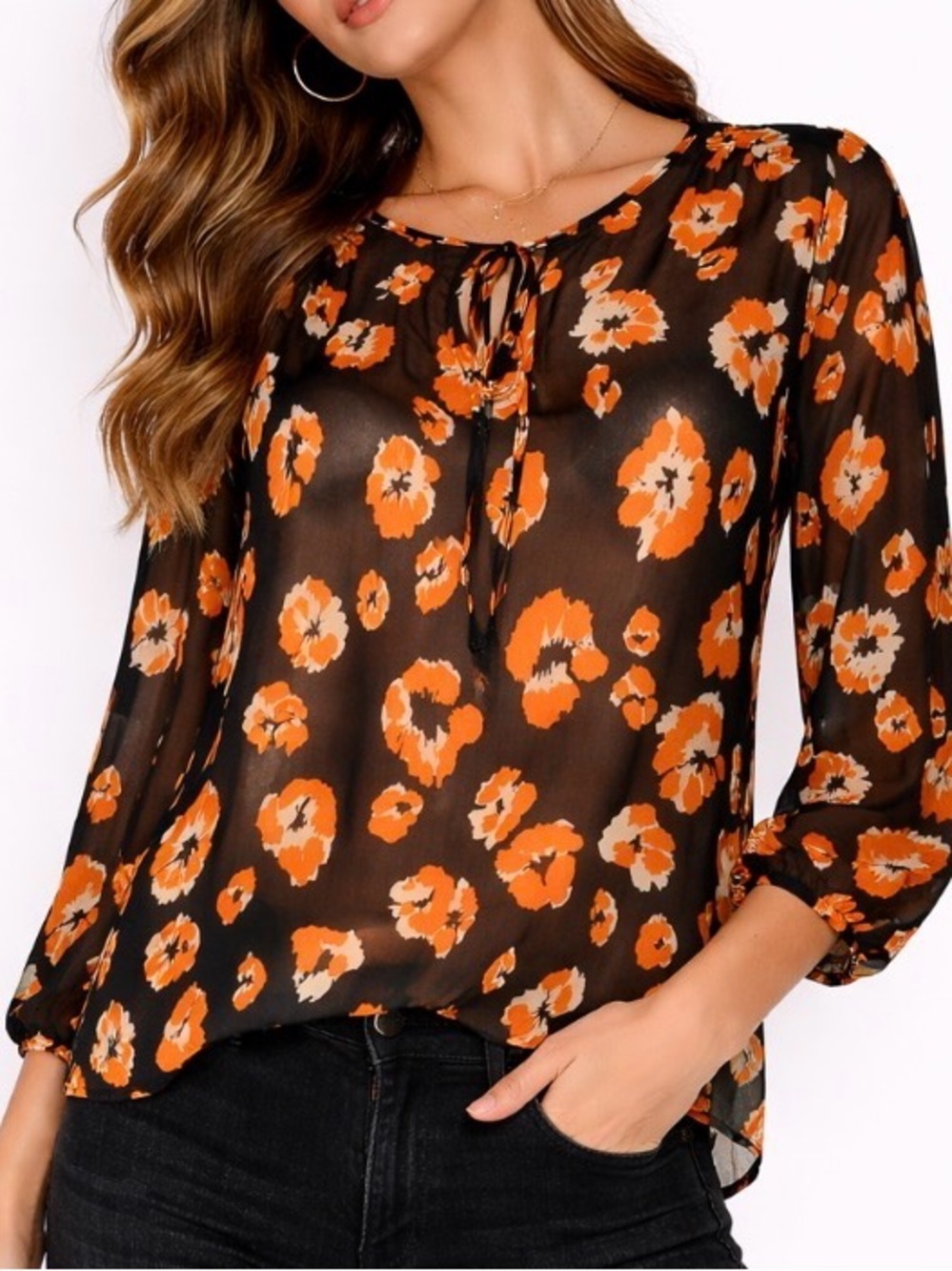 Pleione Floral Print Sheer Black Orange Blouse - SM lightweight top orange black